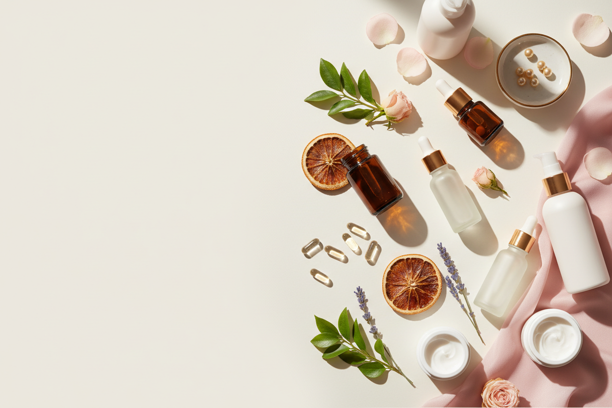 abstract of beauty care and essentials and vitamins on a 4:3 banner for a blog. mostly with clean background especially on left side and light aesthetic touches