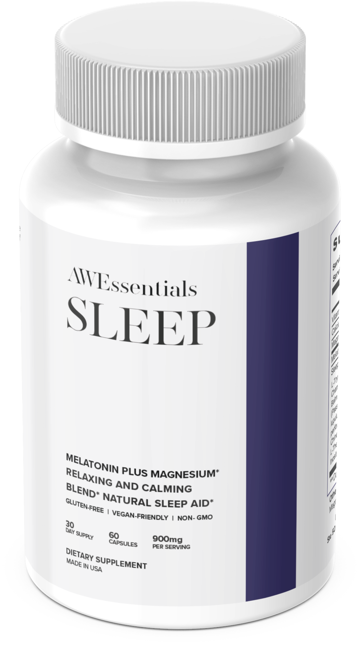 Supplement bottle labeled AWE Essentials SLEEP on a white background